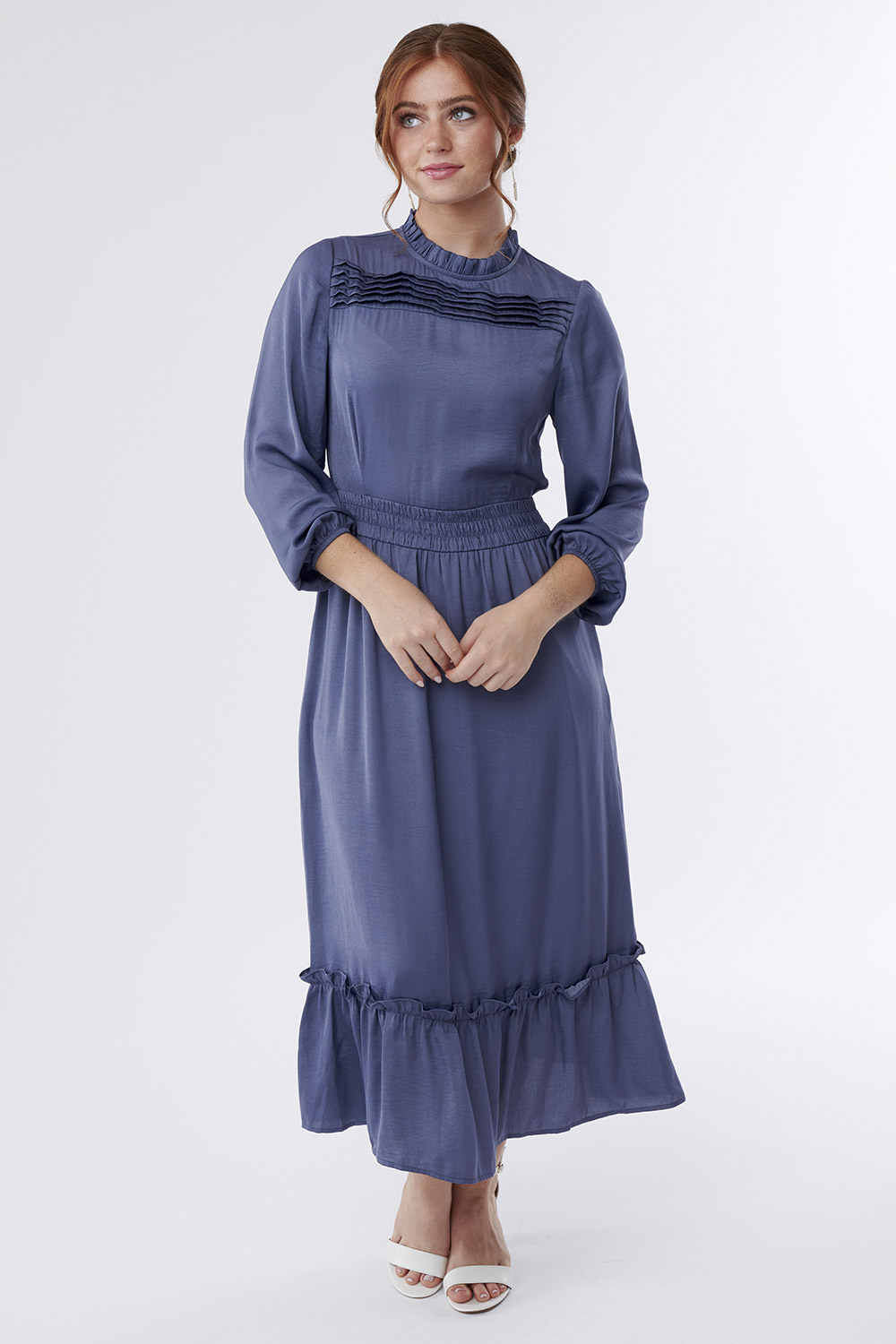 Dress Pin Tuck Yoke Ruffle Detail Blue | Sweet Salt Modest Clothing