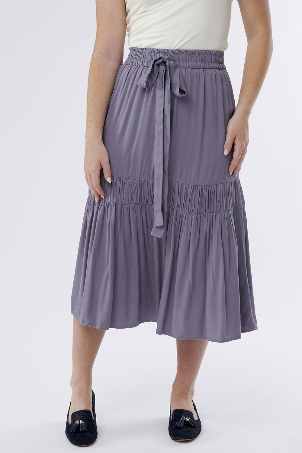 Skirt Tiered Waist Bow Gray Blue | Sweet Salt Modest Clothing