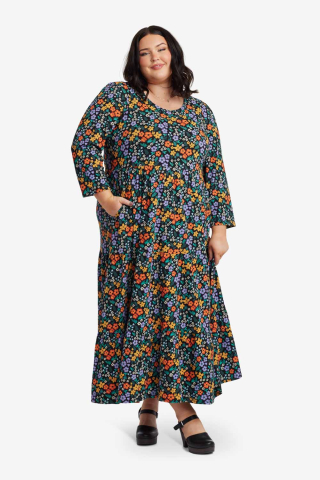 Womens tiered skirt 3/4 sleeve bright floral modest dress