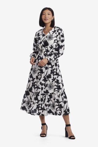 Womens black and white floral pintuck waist modest dress