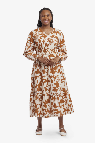 Womens brown floral pintuck waist modest dress