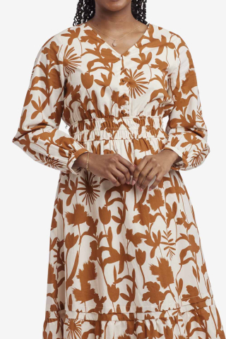 Womens brown floral pintuck waist modest dress