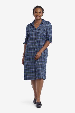 Womens blue plaid button down modest dress