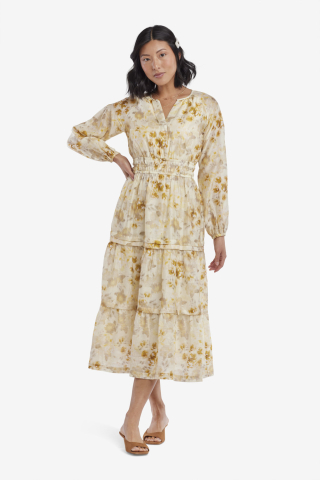 Womens yellow floral wide hidden placket modest dress