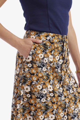 Womens gold floral corduroy tiered modest skirt