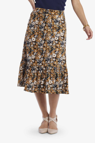 Womens gold floral corduroy tiered modest skirt