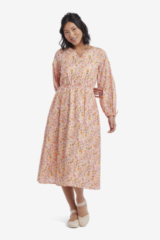 Womens pink floral puff sleeve modest dress