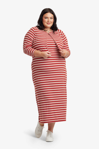 Womens red and white striped modest dress with matching cardigan