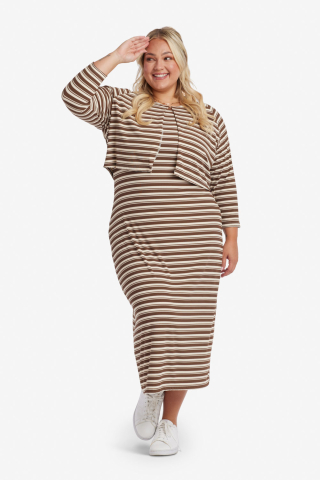 Womens brown and white striped modest dress with matching cardigan