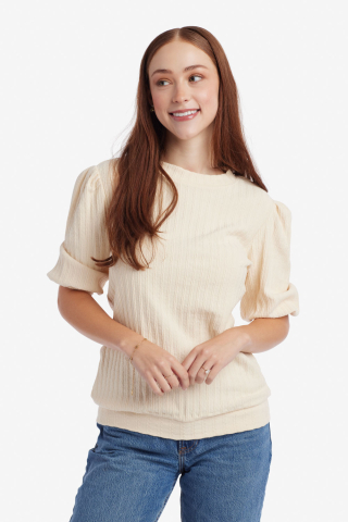 Womens knit cream puff sleeve modest top