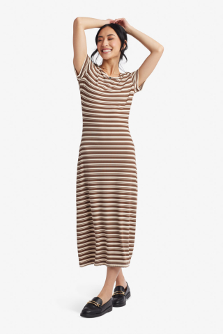 Womens brown and white striped modest dress with matching cardigan