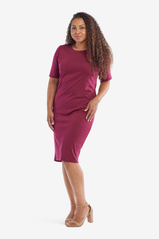 Womens short sleeve maroon crew neck modest dress