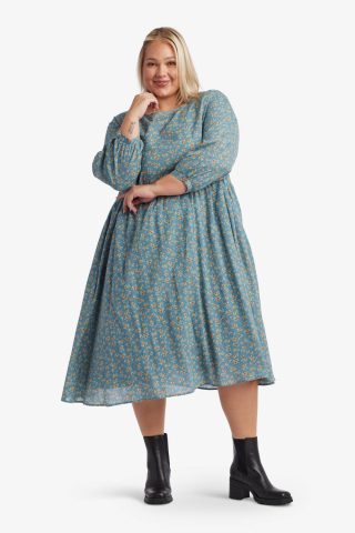 Womens blue floral puff sleeve modest dress