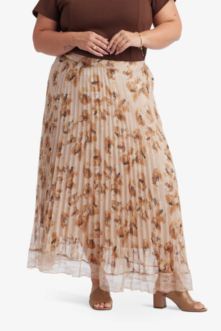 Womens midi a line pleated brown floral modest skirt