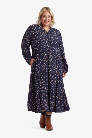 Womens blue floral tiered mandarin collar modest dress