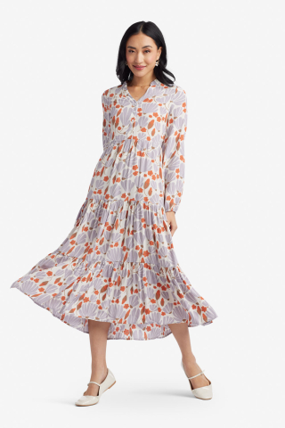 Womens rust floral tiered mandarin collar modest dress