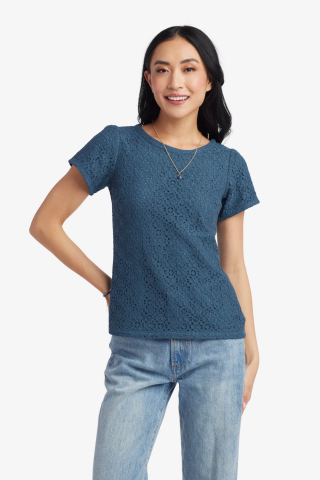 Womens lace half sleeve crew neck blue modest top