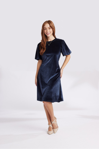 Womens blue velvet bubble sleeve modest dress