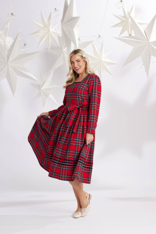 Womens square neck red plaid modest dress