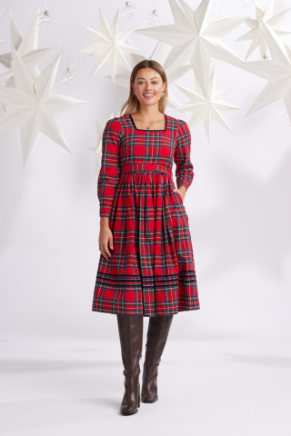 Womens square neck red plaid modest dress