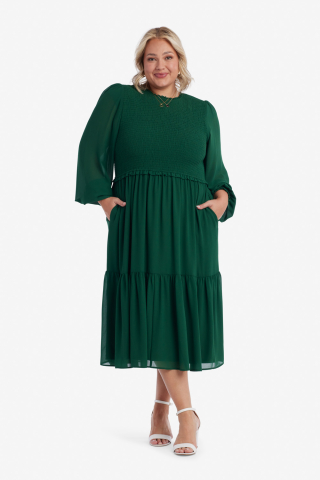 Womens puff sleeve smocked bodice green modest dress