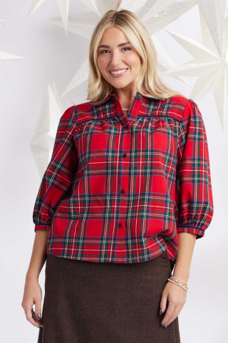 Womens 3/4 sleeve velvet red plaid modest top