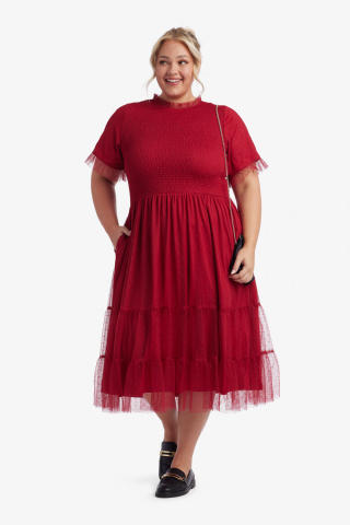 Womens smocked bodice berry red modest dress