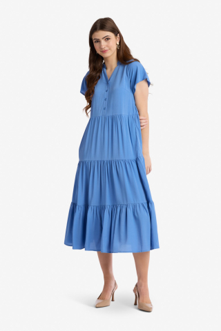 Flutter Sleeve Blue Modest Dress