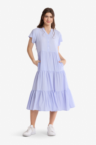 Flutter Sleeve Blue Stripe Modest Dress