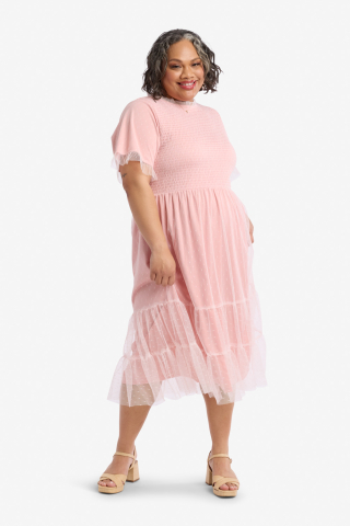 Smocked Pink Ruffle Modest Dress