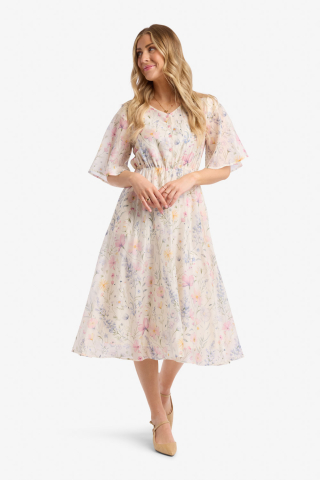 White Floral Gathered Modest Dress