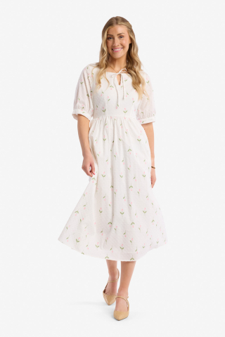 White Floral Drop Waist Modest Dress